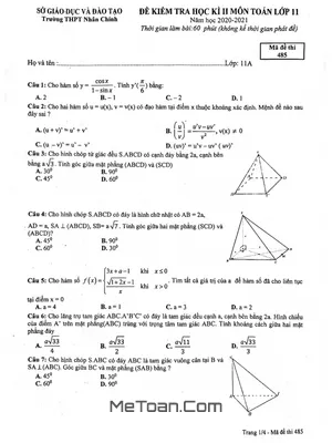 Đề thi học kì 2 Toán 11 năm 2020 - 2021 trường THPT Nhân Chính - Hà Nội