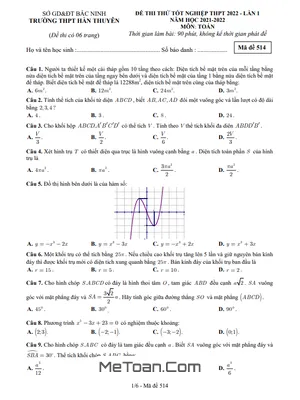 Đề thi thử Toán tốt nghiệp THPT 2022 lần 1 trường THPT Hàn Thuyên – Bắc Ninh