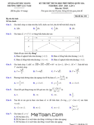 Đề Thi Thử THPT Quốc Gia 2020 Môn Toán Lần 1 Trường Lục Nam – Bắc Giang