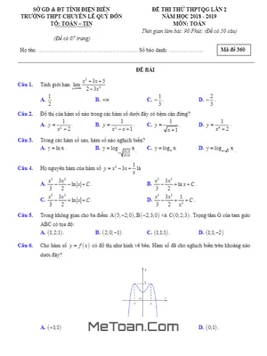 Đề thi thử Toán THPTQG 2019 lần 2 trường THPT chuyên Lê Quý Đôn – Điện Biên