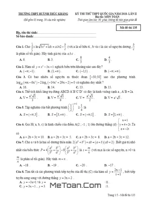 Đề Thi Thử Toán THPTQG 2018 Trường THPT Huỳnh Thúc Kháng - Khánh Hòa Lần 2