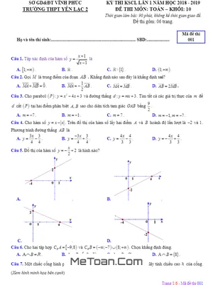 Đề thi KSCL Toán 10 lần 1 năm 2018 - 2019 trường Yên Lạc 2 - Vĩnh Phúc