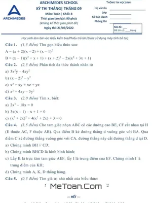 Đề kiểm tra Toán 8 tháng 9 năm 2022 hệ thống giáo dục Archimedes School - Hà Nội