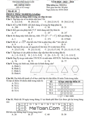 Đề thi học kỳ 1 Toán lớp 6 năm 2023 - 2024 phòng GD&ĐT Bảo Lộc - Lâm Đồng (có đáp án)
