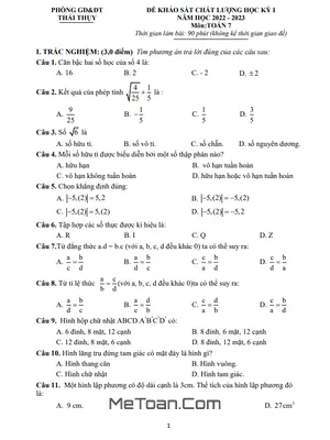 Đề thi học kì 1 Toán 7 năm 2022 - 2023 phòng GD&ĐT Thái Thụy - Thái Bình (có đáp án)