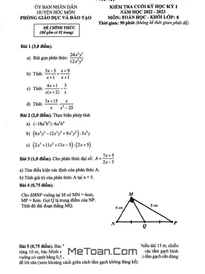 Đề Thi Học Kỳ 1 Toán 8 Năm 2022-2023 Phòng GD&ĐT Hóc Môn - TP.HCM (Có Đáp Án)