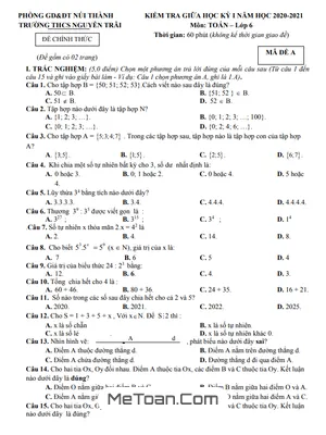 Đề thi giữa kỳ 1 Toán lớp 6 năm 2020 - 2021 trường THCS Nguyễn Trãi - Quảng Nam