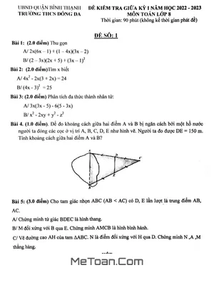 Đề Thi Giữa Kỳ 1 Toán 8 Năm 2022 - 2023 Trường THCS Đống Đa - TP.HCM
