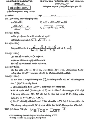 Đề thi HK1 Toán 9 năm 2023 - 2024 sở GD&ĐT Vĩnh Long