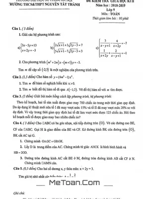 Đề thi giữa kì 2 lớp 9 môn Toán năm 2018 - 2019 trường Nguyễn Tất Thành - Hà Nội