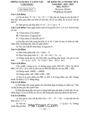 Đề thi học kì 2 Toán 7 năm 2022 - 2023 phòng GD&ĐT Cẩm Giàng - Hải Dương