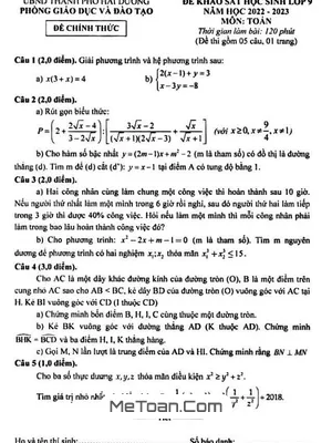 Đề khảo sát Toán 9 năm 2022 - 2023 phòng GD&ĐT thành phố Hải Dương