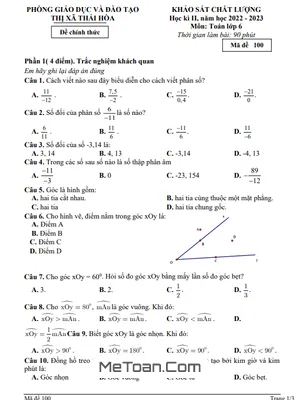 Đề thi học kì 2 Toán lớp 6 năm 2022 - 2023 phòng GD&ĐT Thái Hòa - Nghệ An