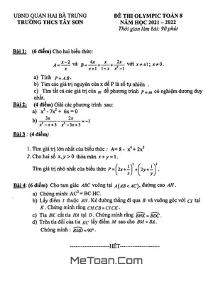 Đề thi Olympic Toán 8 năm 2021 - 2022 trường THCS Tây Sơn - Hà Nội