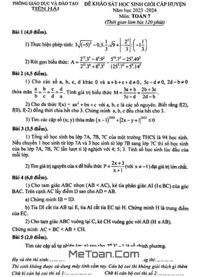 Đề thi học sinh giỏi Toán 7 năm 2023 - 2024 phòng GD&ĐT Tiền Hải - Thái Bình