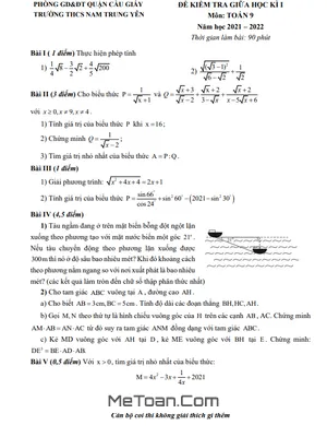 Đề Thi Giữa Học Kì 1 Toán 9 Năm 2021 - 2022 Trường THCS Nam Trung Yên - Hà Nội