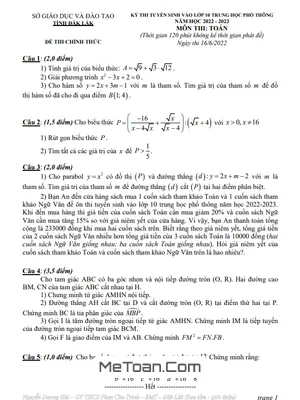 Đề thi tuyển sinh lớp 10 THPT môn Toán năm 2022 - 2023 Sở GD&ĐT Đắk Lắk