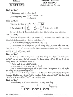 Đề thi tuyển sinh lớp 10 môn Toán Hà Nam năm 2020 - 2021 - Câu hỏi & Đáp án