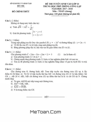 Đề thi tuyển sinh lớp 10 môn Toán Bến Tre năm 2017 - 2018 có lời giải