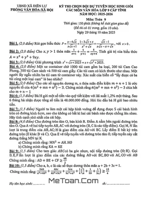 Đề chọn đội dự tuyển HSG Toán 9 năm 2025 – 2026 xã Điền Lư – Thanh Hóa