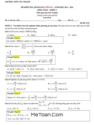 Đề thi cuối kỳ 1 Toán 11 năm 2025 – 2026 trường THPT Tây Thạnh có đáp án