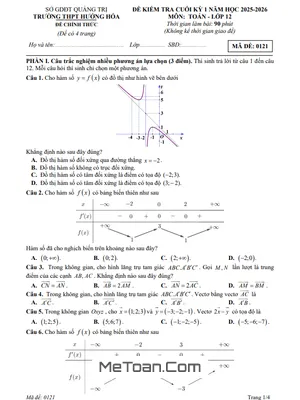 Đề thi cuối kỳ 1 Toán 12 năm học 2025 - 2026 trường THPT Hướng Hóa - Quảng Trị