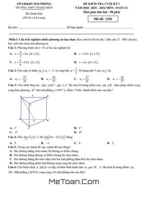 Đề Kiểm Tra Cuối Học Kỳ 1 Môn Toán 11 (2025–2026) – THPT Thanh Miện, Hải Phòng