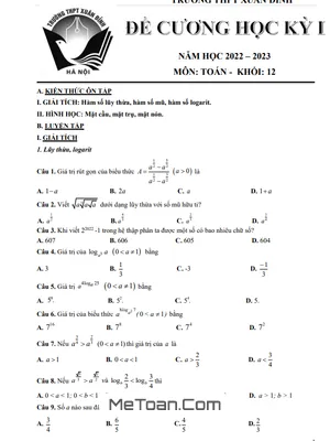 Đề Cương Ôn Tập Cuối Kì 1 Toán 12 Năm 2022 - 2023 Trường THPT Xuân Đỉnh - Hà Nội