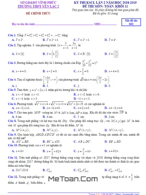 Đề thi KSCL Toán 11 lần 2 năm 2018 - 2019 trường Yên Lạc 2 - Vĩnh Phúc