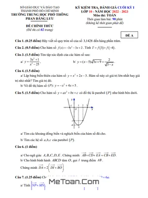 Đề Thi Cuối Kỳ 1 Toán 10 Năm 2022 - 2023 Trường THPT Phan Đăng Lưu - TP.HCM