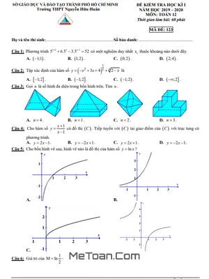 Đề thi học kì 1 Toán 12 năm 2019 - 2020 trường THPT Nguyễn Hữu Huân - TP.HCM (có đáp án)