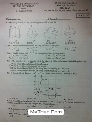 Đề thi HK1 Toán 12 năm học 2017 - 2018 trường THPT Cổ Loa - Hà Nội