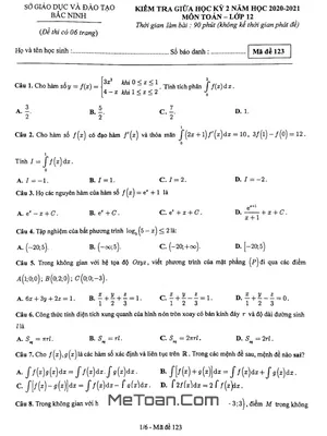 Đề thi giữa kỳ 2 Toán 12 năm 2020 - 2021 sở GD&ĐT Bắc Ninh