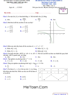 Đề khảo sát Toán 12 tháng 12 năm 2023 trường THPT Tiên Du 1 – Bắc Ninh