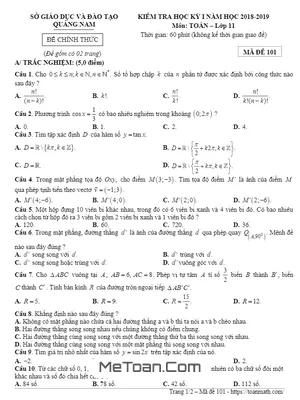 Đề thi HK1 Toán 11 năm học 2018 - 2019 sở GD&ĐT Quảng Nam