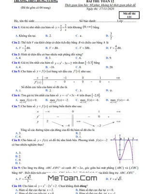 Đề thi giữa HK1 Toán 12 năm 2020 - 2021 trường THPT Hùng Vương - Quảng Nam