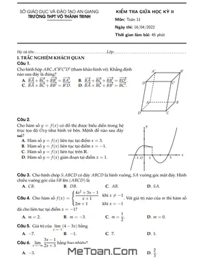 Đề thi giữa kỳ 2 Toán 11 năm 2021 - 2022 trường THPT Võ Thành Trinh - An Giang