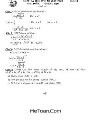 Đề thi HK2 Toán 11 năm học 2019 - 2020 trường THPT Gia Định - TP. HCM
