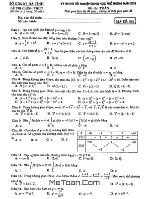 Đề thi thử tốt nghiệp THPT 2023 môn Toán sở GD&ĐT Hà Tĩnh (Mã đề 001)