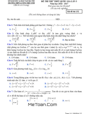 Đề thi thử THPT Quốc gia 2017 môn Toán trường THPT Lương Thế Vinh - Hà Nội (lần 3) có đáp án
