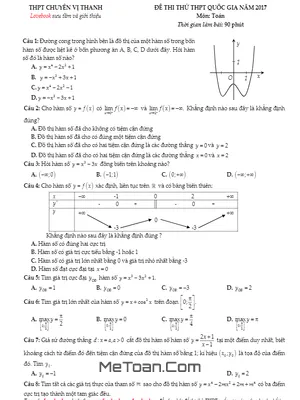 Đề Thi Thử THPT Quốc Gia 2017 Môn Toán Trường THPT Chuyên Vị Thanh - Hậu Giang