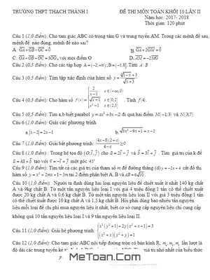 Đề thi thử Toán 10 lần 2 năm 2017-2018 trường THPT Thạch Thành 1 - Thanh Hóa có lời giải