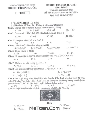Đề Thi Cuối Kì 1 Môn Toán Lớp 6 Năm 2023-2024 Trường THCS Phúc Đồng - Hà Nội - Có Đáp Án