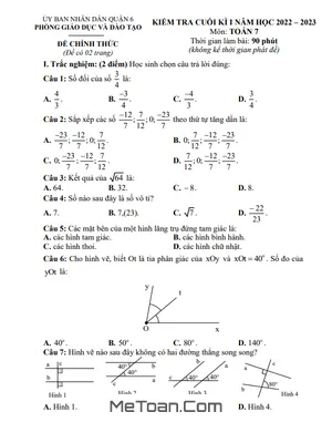 Đề thi học kì 1 Toán 7 năm 2022 - 2023 phòng GD&ĐT Quận 6 - TP HCM