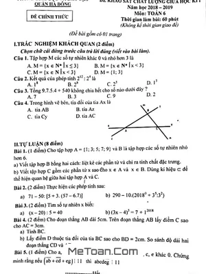 Đề khảo sát chất lượng giữa HK1 Toán 6 năm 2018 - 2019 phòng GD&ĐT Hà Đông