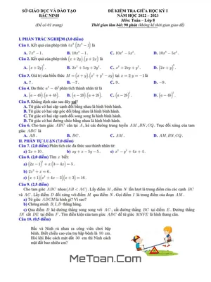 Đề kiểm tra giữa học kỳ 1 Toán 8 năm 2022 - 2023 sở GD&ĐT Bắc Ninh