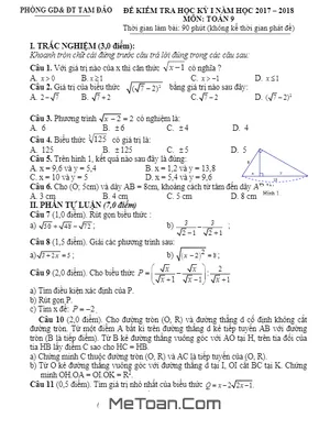Đề thi HK1 Toán 9 năm học 2017 - 2018 phòng GD&ĐT Tam Đảo - Vĩnh Phúc