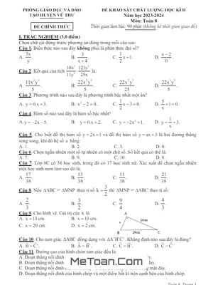 Đề thi học kì 2 Toán 8 năm 2023 - 2024 phòng GD&ĐT Vũ Thư - Thái Bình