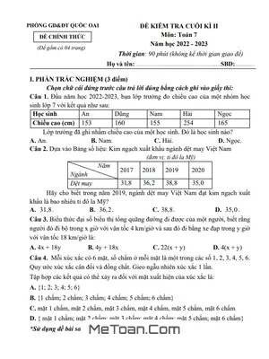 Đề thi học kì 2 Toán lớp 7 năm 2022 - 2023 phòng GD&ĐT Quốc Oai - Hà Nội