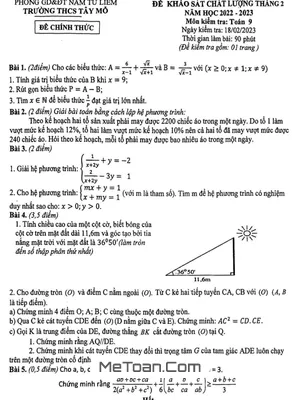 Đề khảo sát chất lượng Toán 9 tháng 2 năm 2023 trường THCS Tây Mỗ - Hà Nội